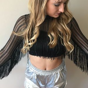 Long sleeve sparkle mesh fringe crop top